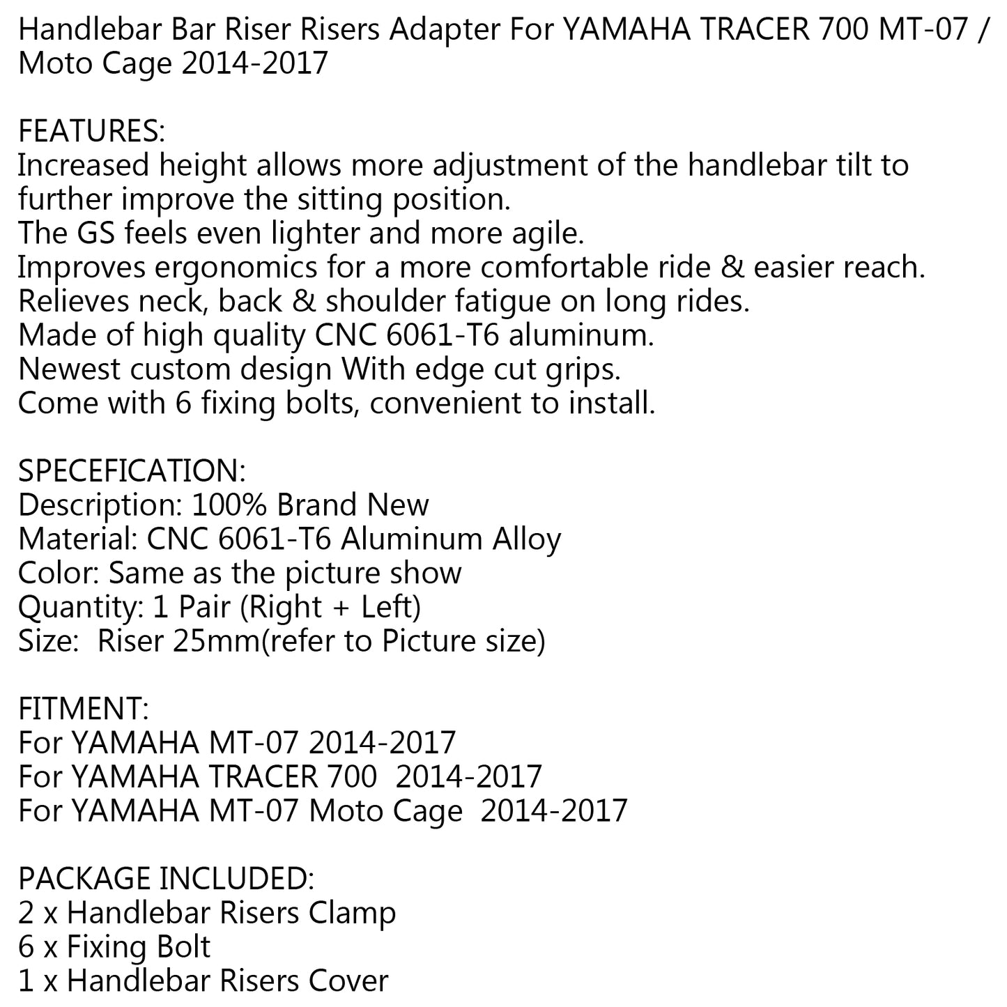 Handlebar Risers 25mm Riser For Yamaha Tracer 700 MT07 Moto Cage 2014-2018 Black