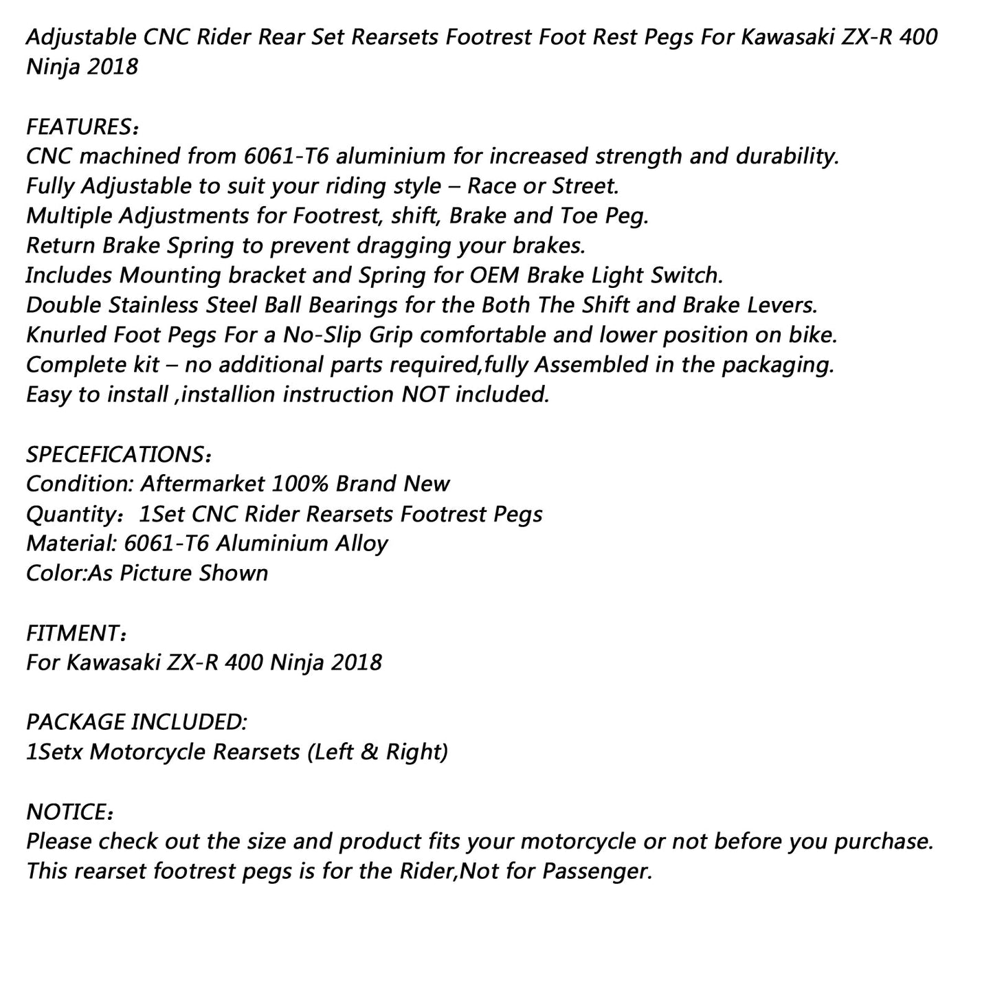 Rearsets Rear Sets Footpegs Footrest Black For Kawasaki ZX-R 400 Ninja 18-19