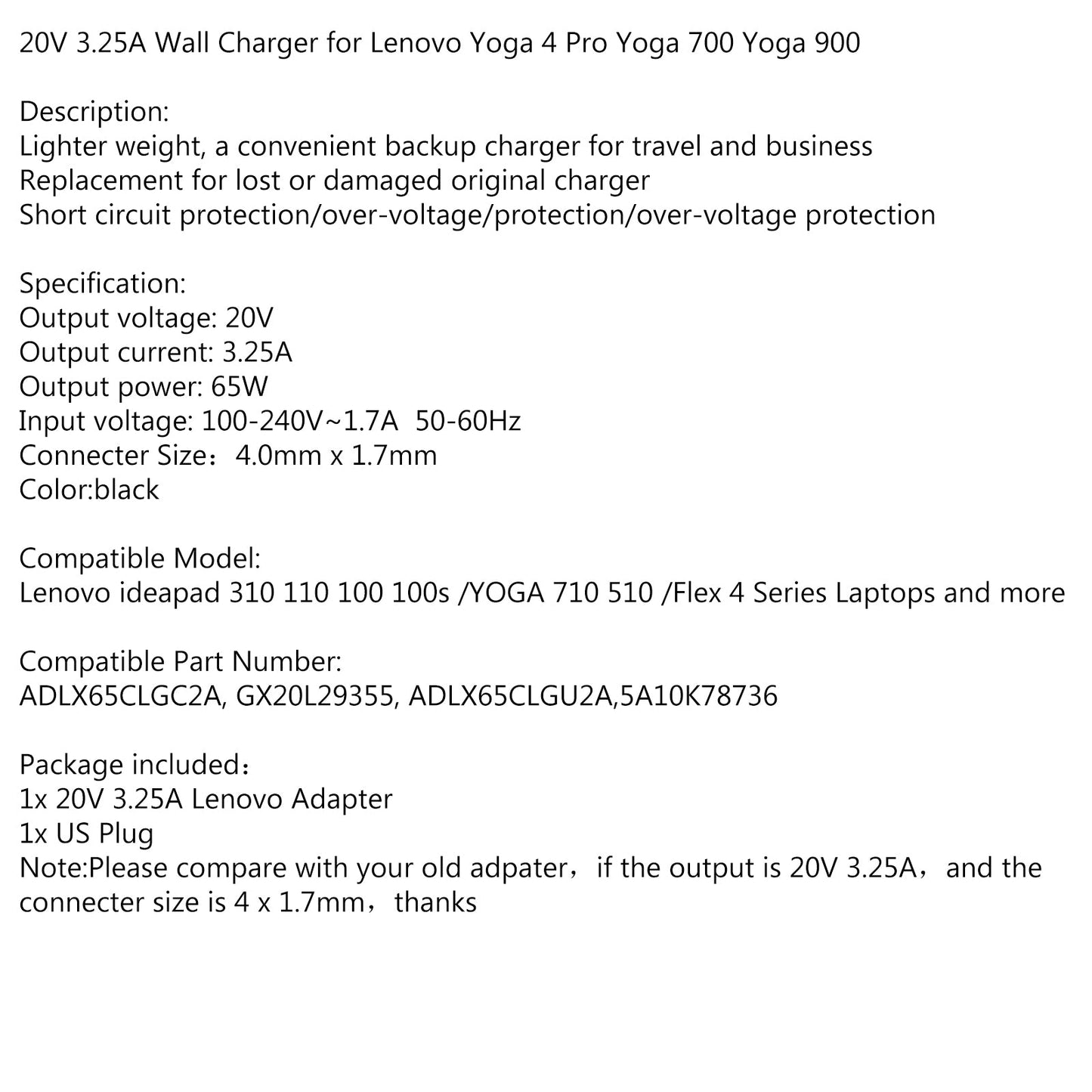 Laptop Power AC Adapter Charger for Lenovo YOGA 700 65W 20V 3.25A ADLX65CLGU2A