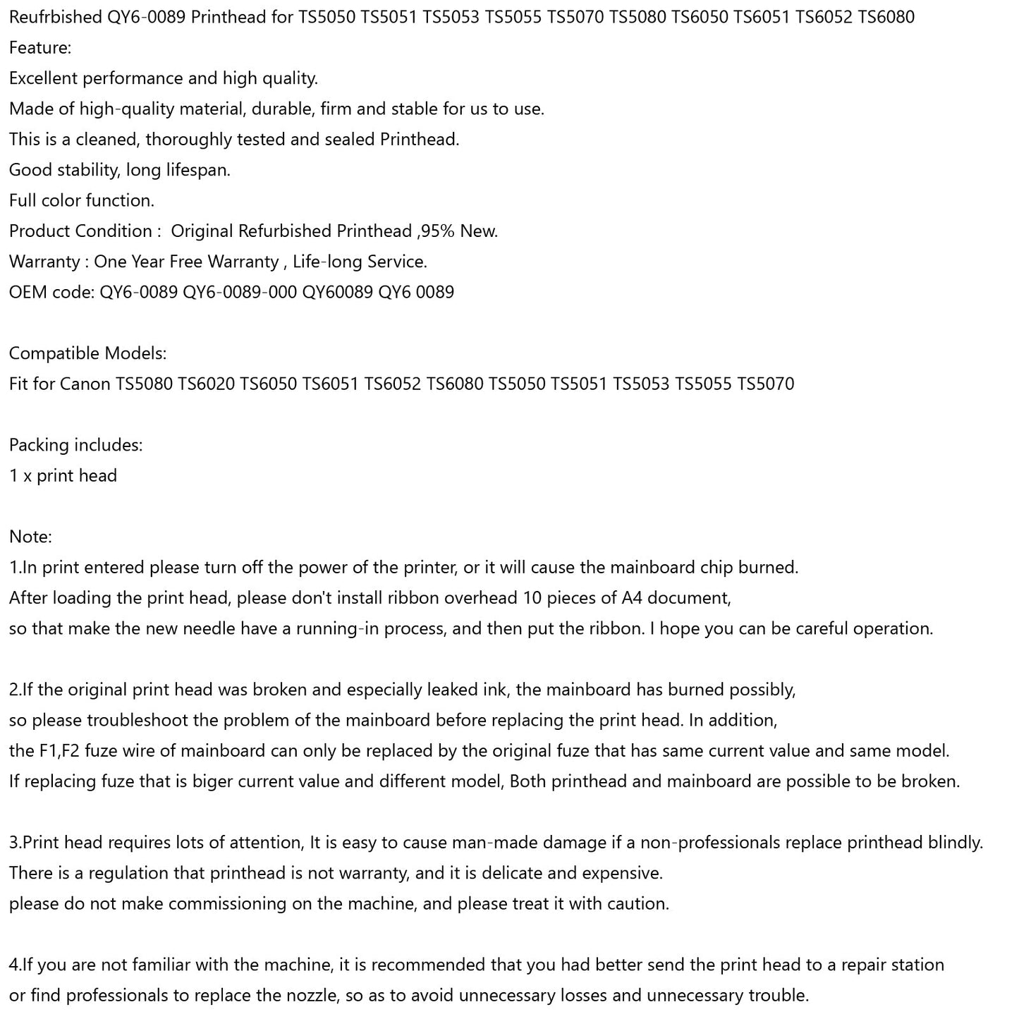 Replacement Printer Print Head QY6-0089 For TS5080 6020 6050 6051 TS6052 TS6080