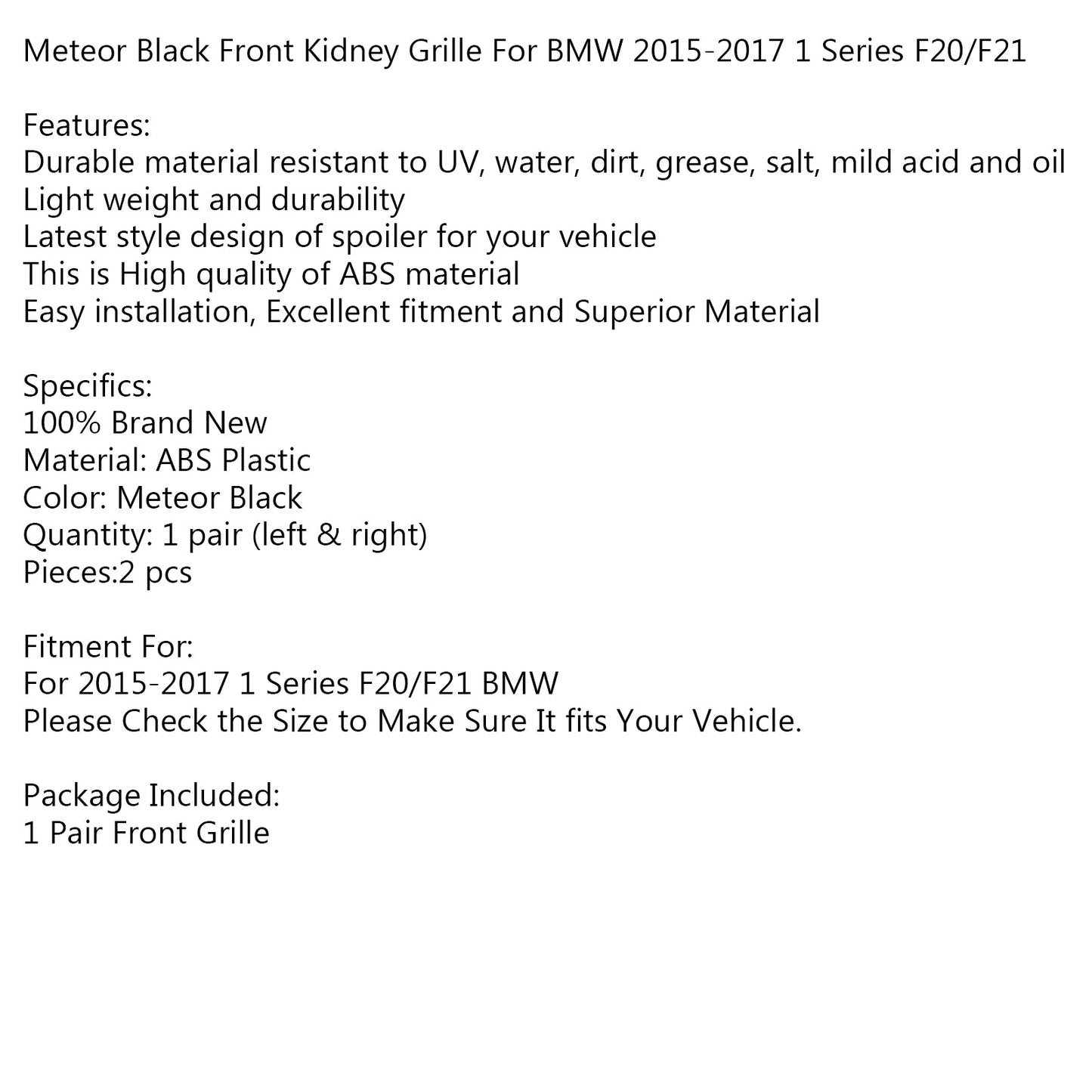 2015-2017 BMW 1 Series F20/F21 Meteor Black Front Kidney Grille