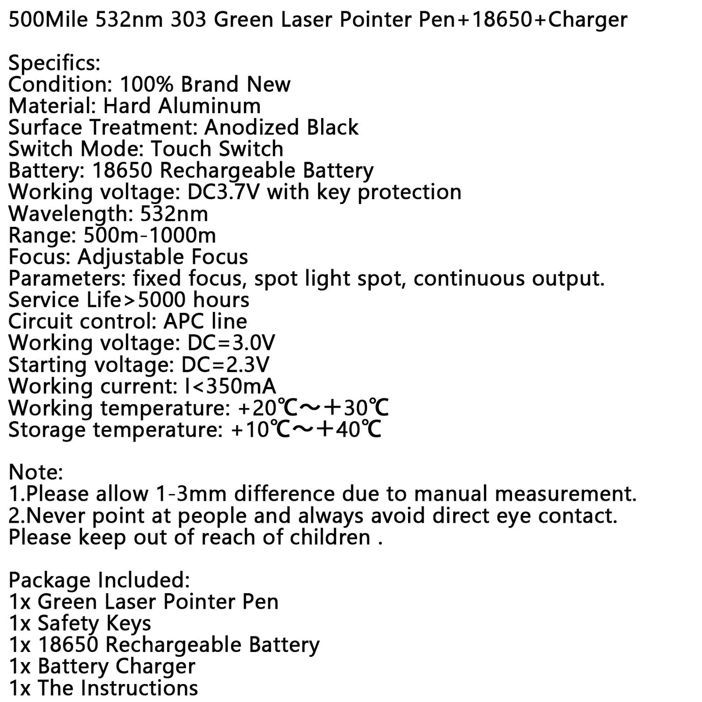 500Mile 532nm 303 Green Laser Pointer Visible Beam Light Lazer Pen+18650+Charger