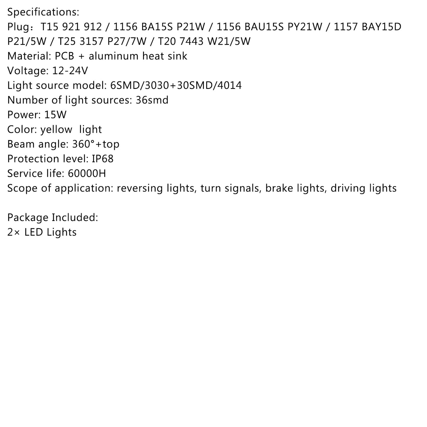 1156 BAU15S PY21W LED Brake Reverse Light Bulb Canbus Error Free 6500K Yellow