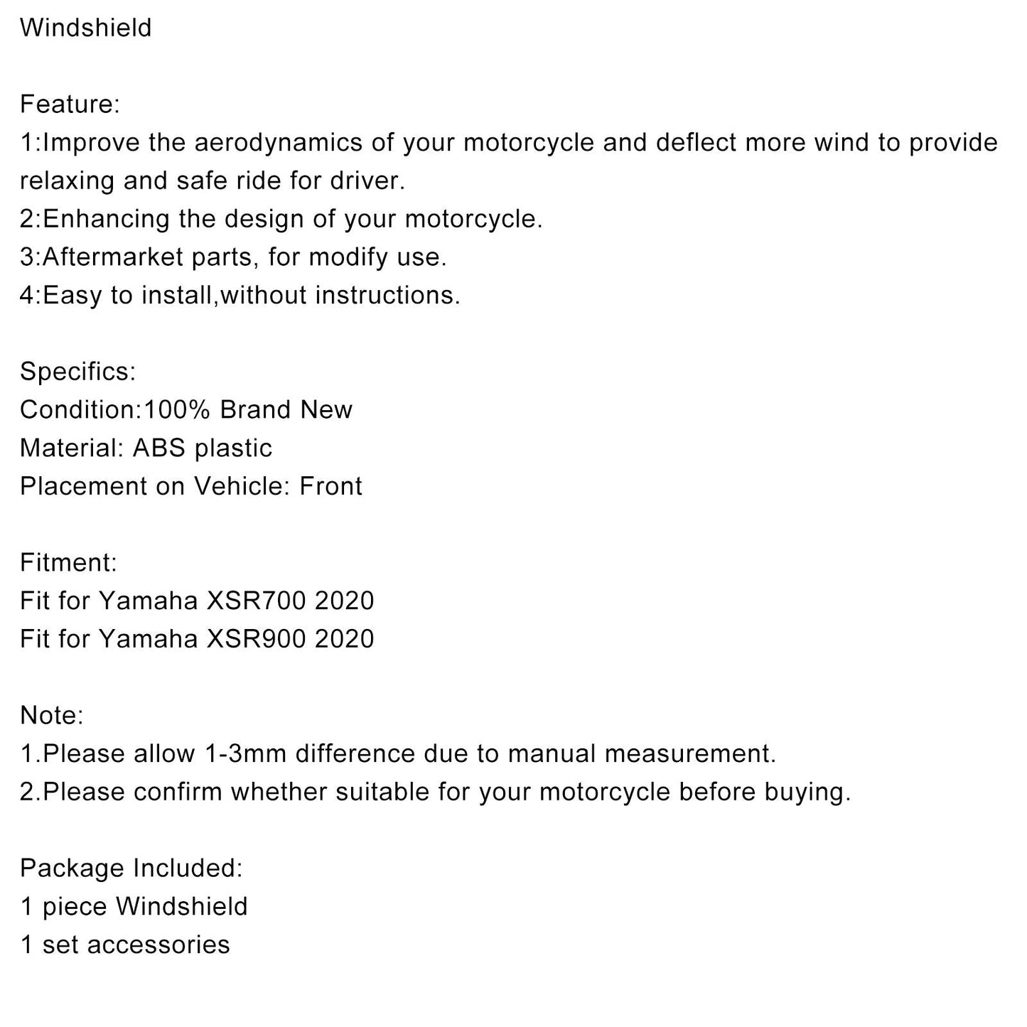 ABS Plastic Motorcycle Windshield WindScreen for Yamaha XSR700 XSR900 2020