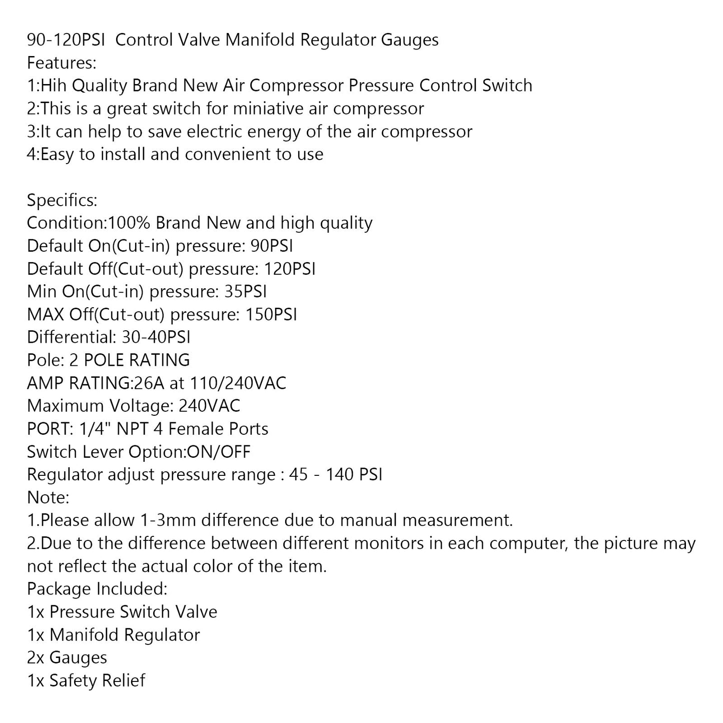 90-120PSI Control Valve Manifold Regulator Gauges