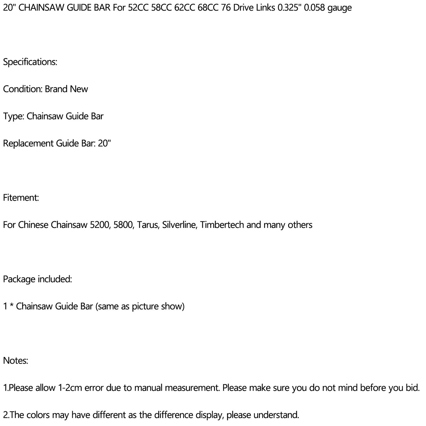 20" CHAINSAW GUIDE BAR For 52CC 58CC 62CC 68CC 76 Drive Links 0.325" 0.058 gauge