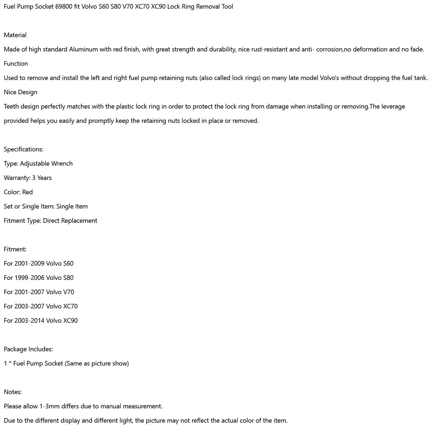Fuel Pump Socket 69800 fit Volvo S60 S80 V70 XC70 XC90 Lock Ring Removal Tool