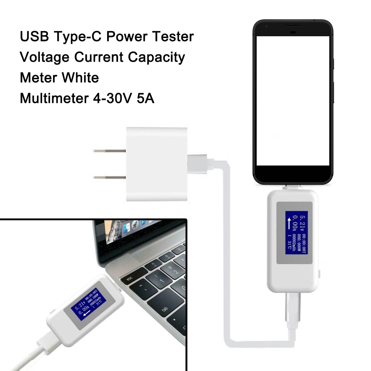 USB Type-C Power Tester Voltage Current Capacity Meter Black Multimeter 4-30V 5A