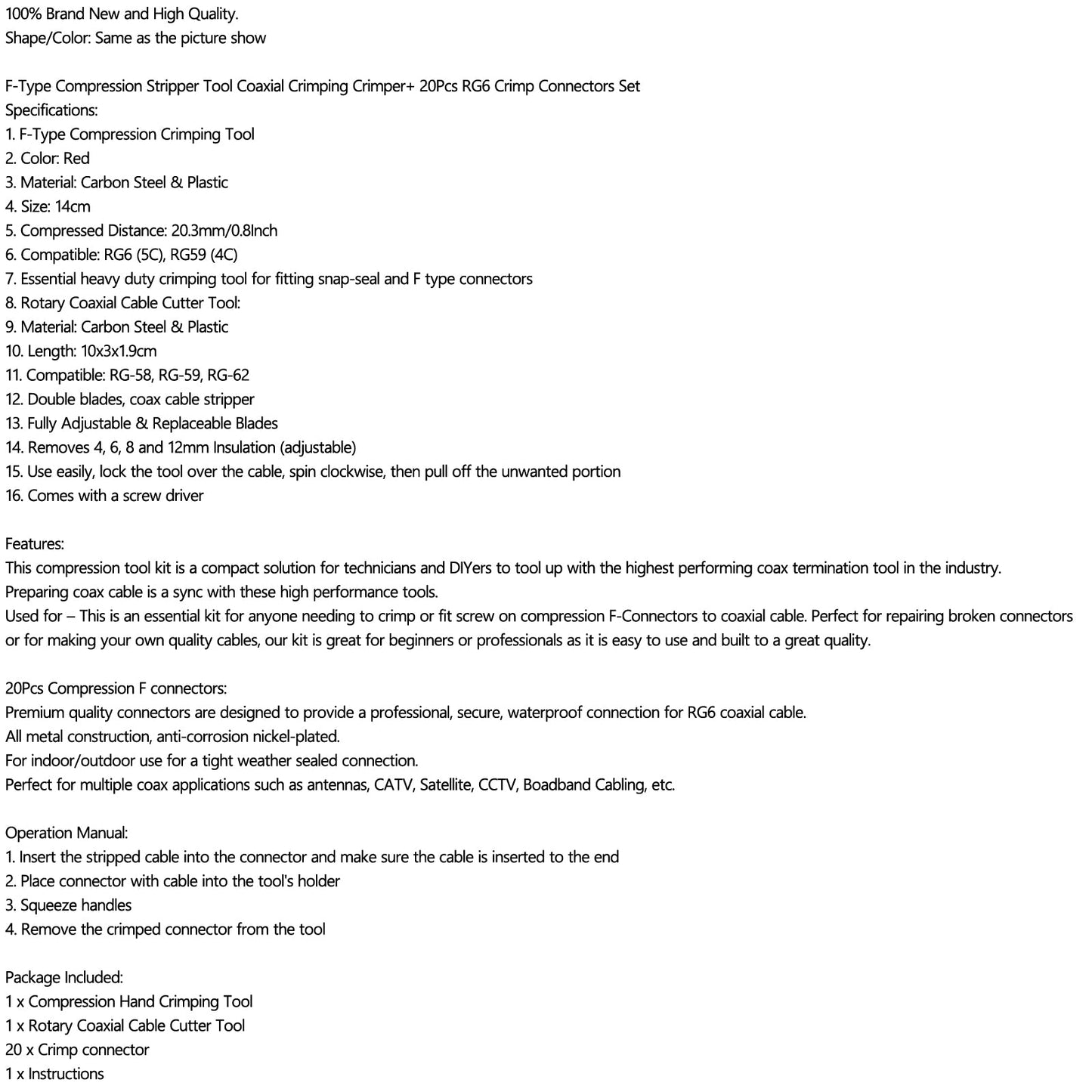 F-Type Compression Stripper Tool Coaxial Crimper + 20PCS RG6 Crimp Connectors