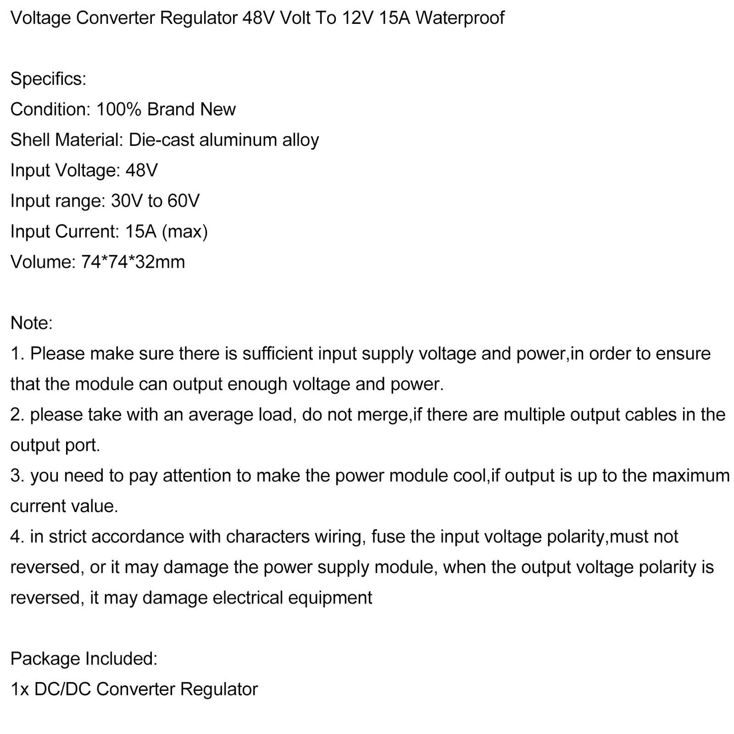 Areyourshop WaterProof 48V to 12V 15A 180W Step Down DC/DC Power Converter Regulator