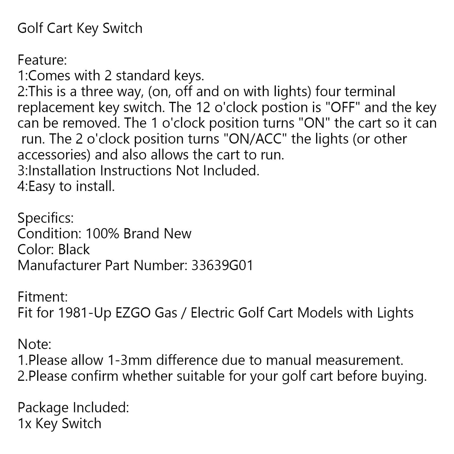 Golf Cart Key Switch For 1981-Up EZGO Gas / Electric Golf Cart Models with Lights