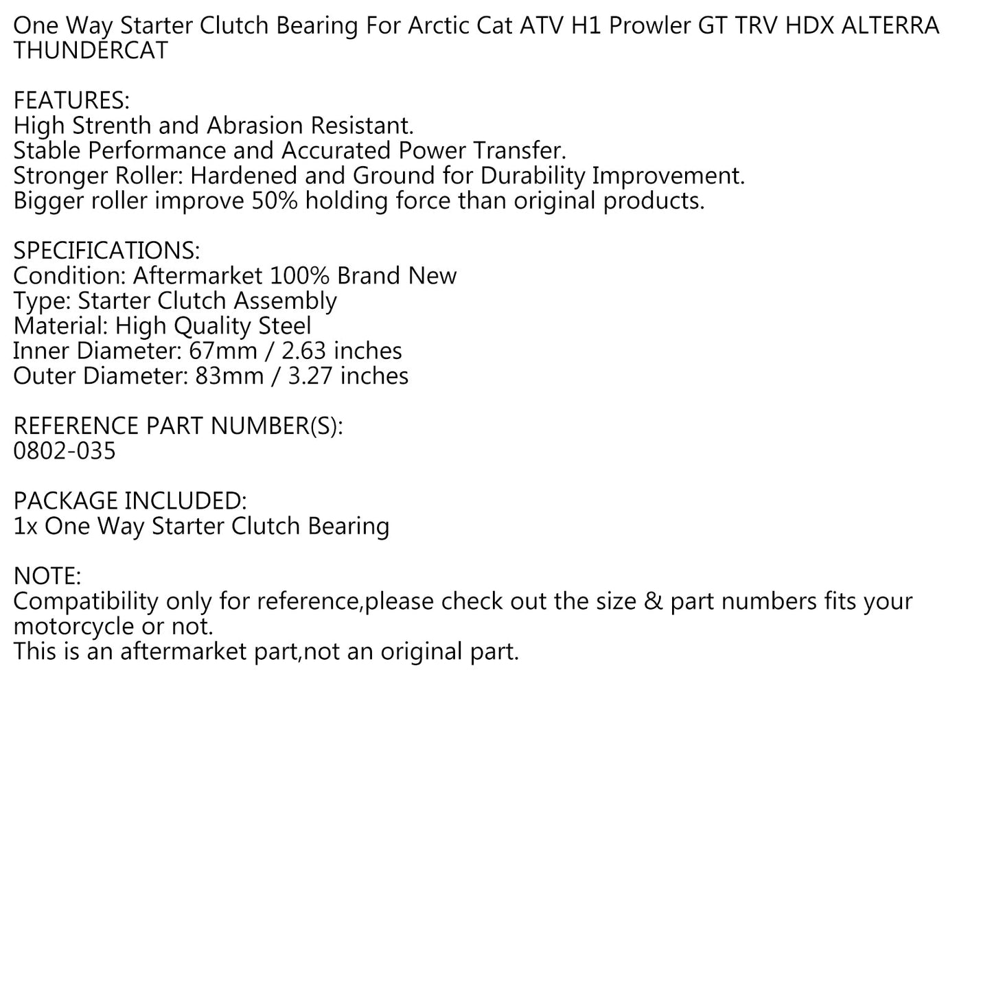 One Way Starter Clutch Bearing for Arctic Cat TRV 550 VLX Prowler ATV 0802-035
