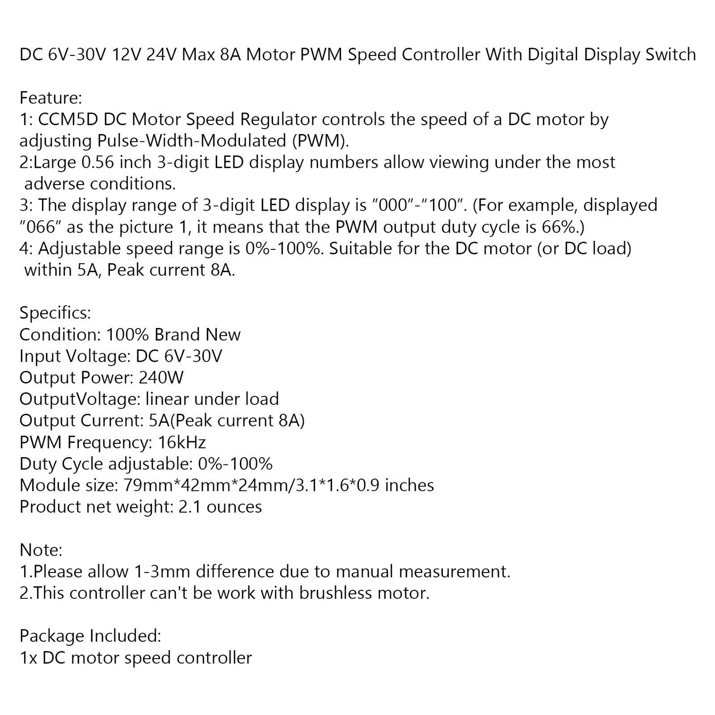 DC 6V-30V 12V 24V Max 8A Motor PWM Speed Controller With Digital Display Switch