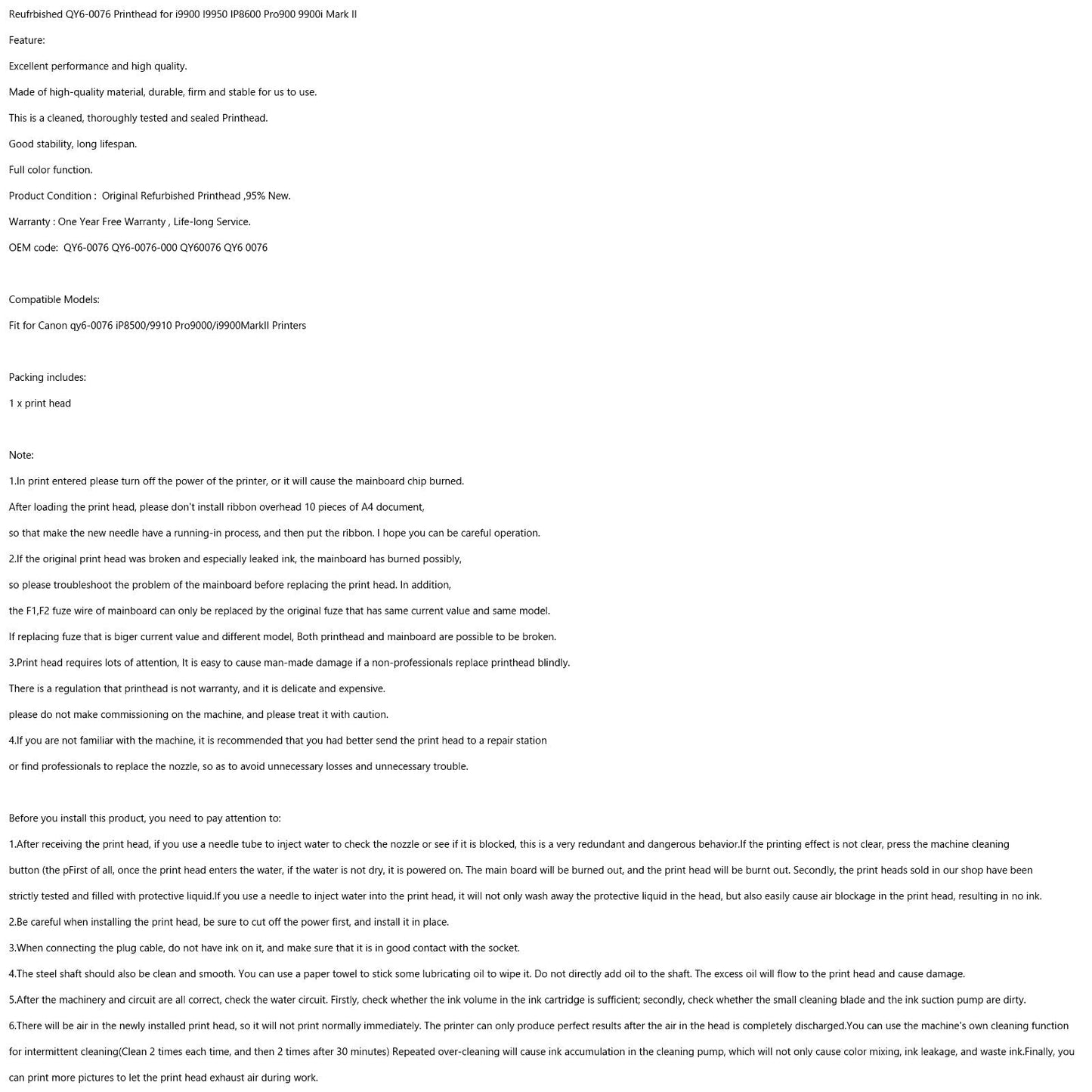 Replacement Printer Print Head QY6-0076 Fit for i9900 I9950 IP8600 9900i Mark II