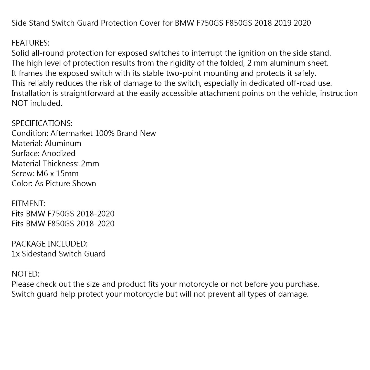 Side Stand Switch Guard Protection Cover For BMW F750GS F850GS 2018-2020 BLK