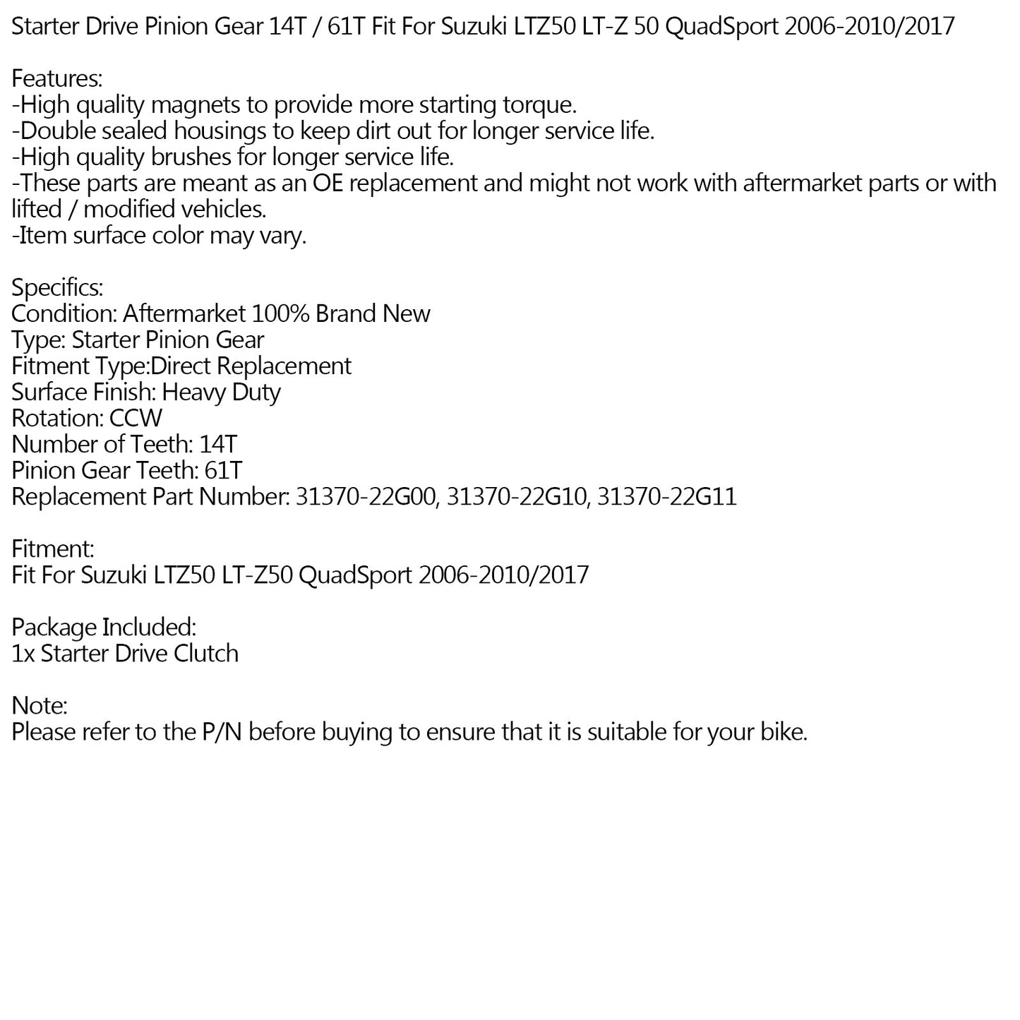 Areyourshop Starter Pinion Gear Fit For Suzuki LTZ50 LT-Z 50 QuadSport 2006-2010/2017