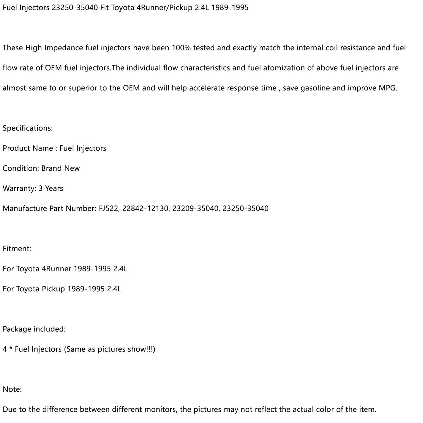 4Pcs Fuel Injectors 23250-35040 Fit Toyota 4Runner/Pickup 2.4L 1989-1995