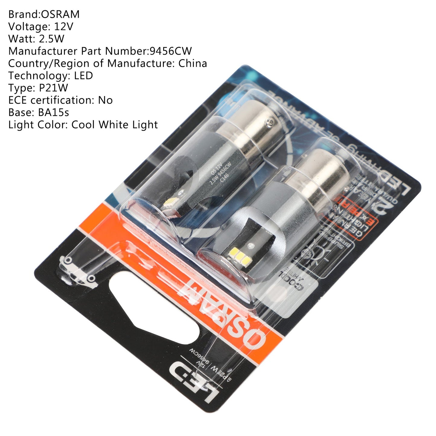2x For OSRAM 9456CW Car Auxiliary Bulbs LED P21W 12V2.5W BA15s