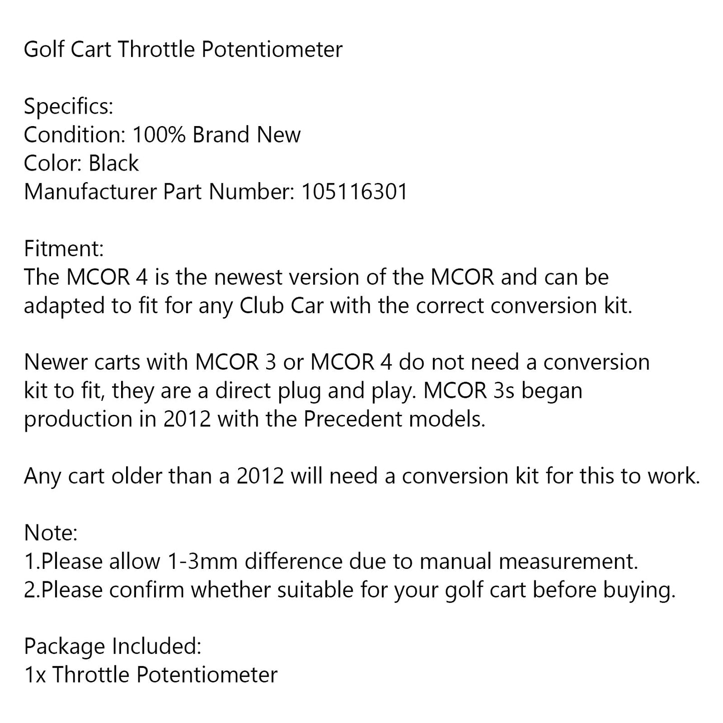 Golf Cart Throttle Potentiometer For any Club Car with the correct conversion kit