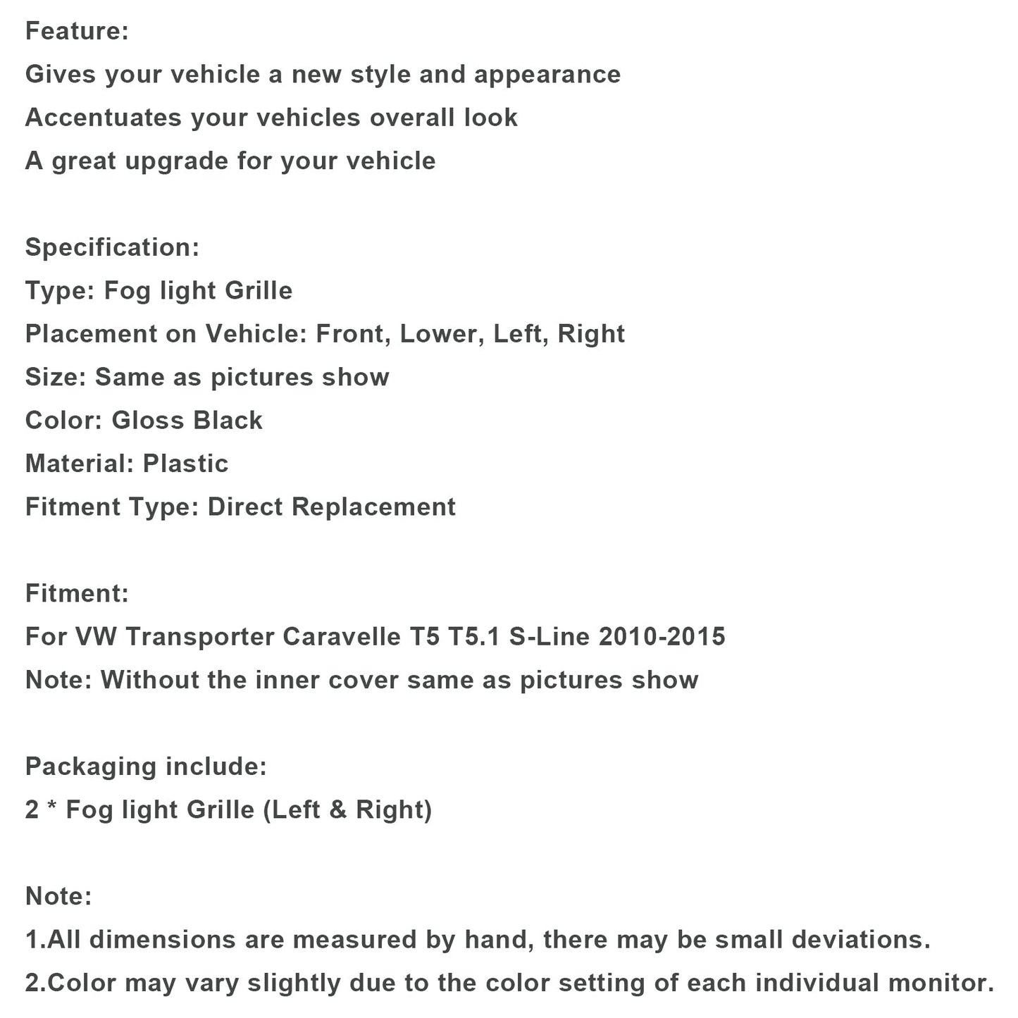 S-Line 2010-2015 VW Transporter Caravelle T5 T5.1 Gloss Black Fog Lamp Light Cover Insert Grille