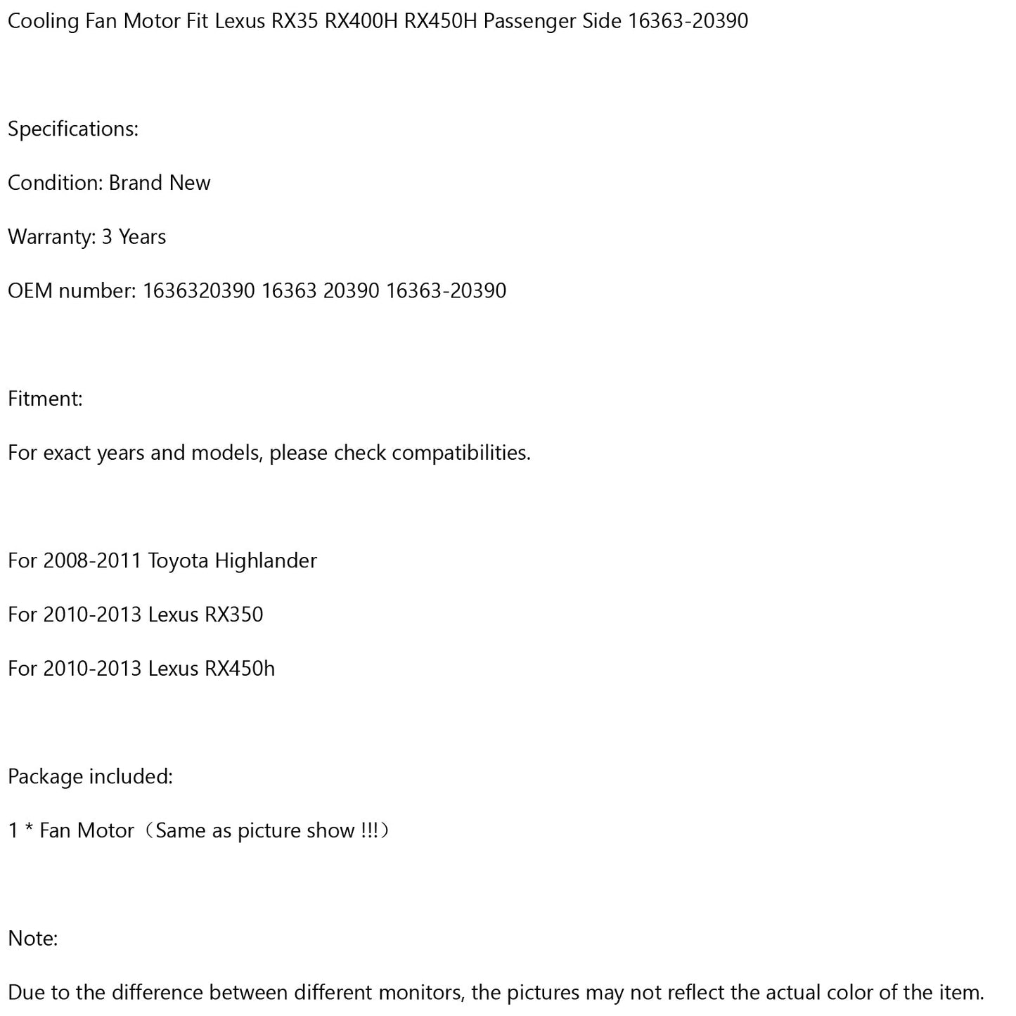 Cooling Fan Motor Fit For Toyota Highlander 2008-2011 BLK