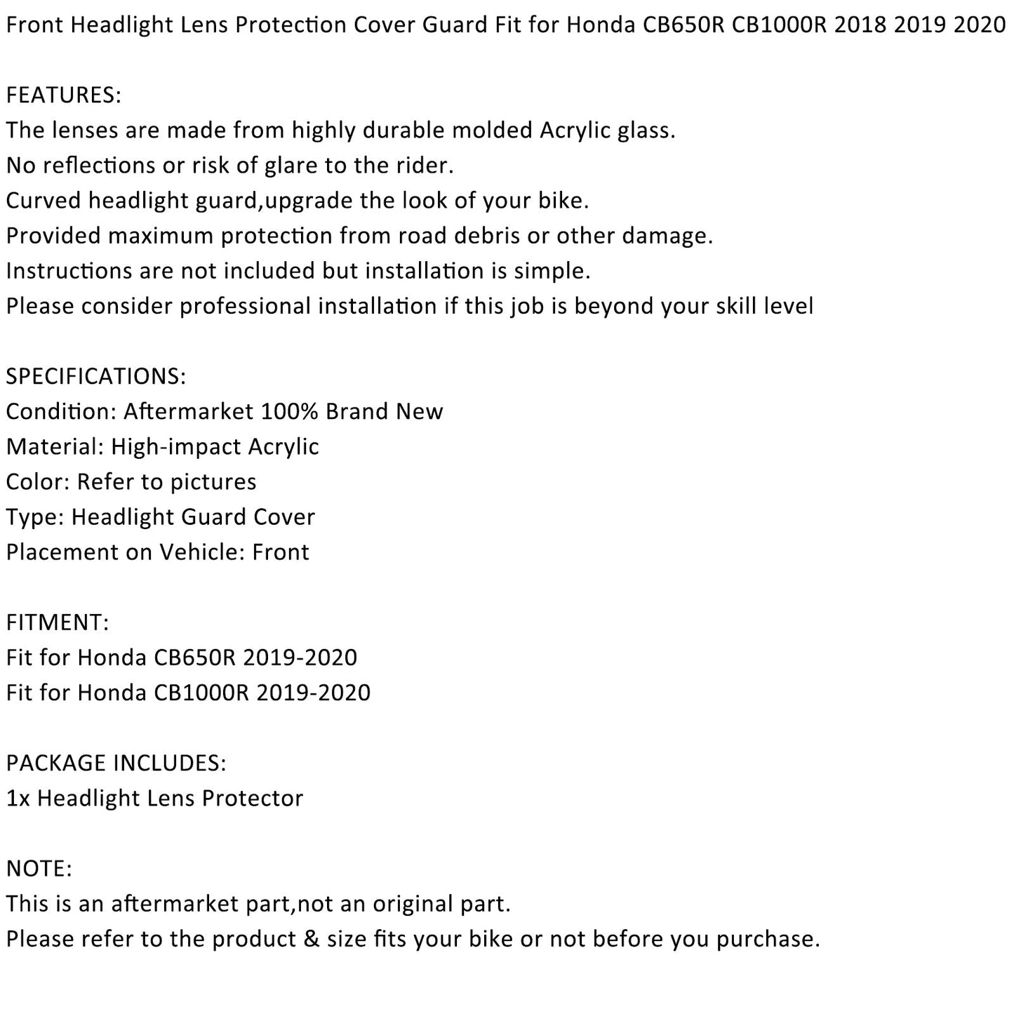 Front Headlight Lens Protection Cover Guard For Honda CB650R CB1000R 2019 2020 CLE