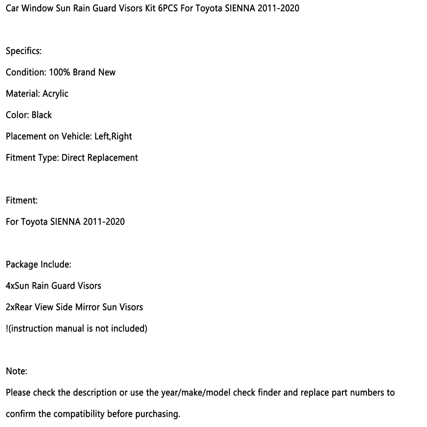 Car Window Sun Rain Guard Visors Kit 6PCS For Toyota SIENNA 2011-2020