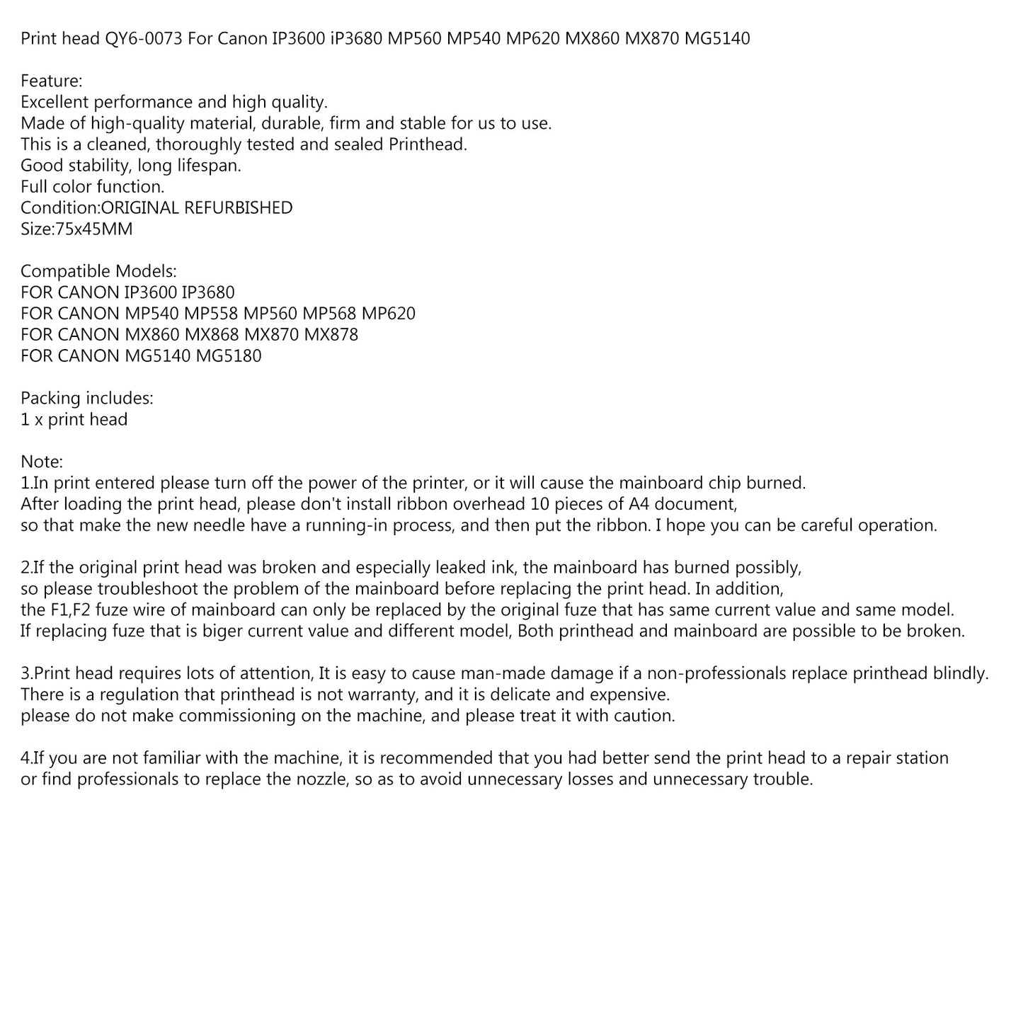 Print head QY6-0073 For IP3600 iP3680 MP560 MP540 MP620 MX860 MX870 MG5140