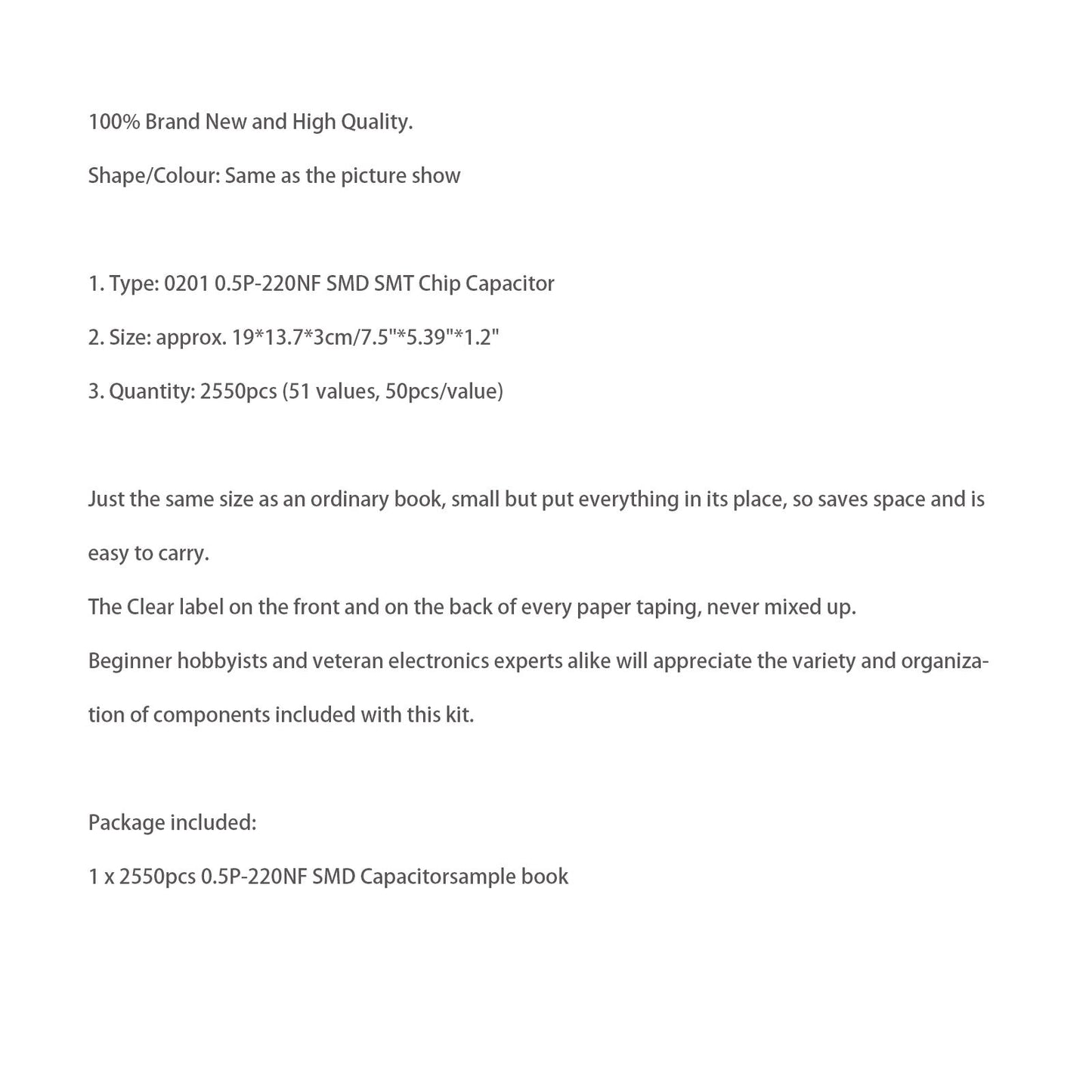 SMD0201 Capacitor sample book 51 values * 50pcs=2550pcs Capacitor kit SMD