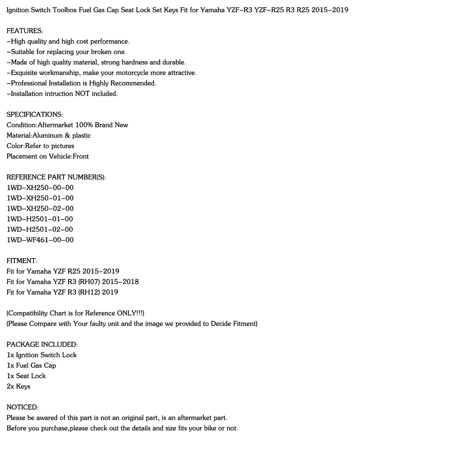 Ignition Switch Fuel Gas Cap Seat Lock Set Fit for Yamaha YZF R3 R25 2015-2019