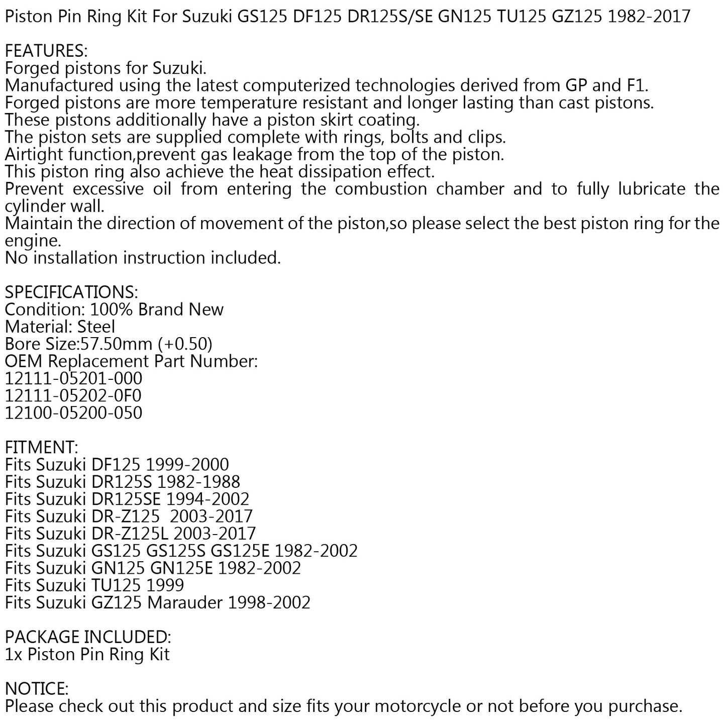 (+)0.50MM Piston Kit - Bore Size 57.50mm Fits GS125 DF/DR/GN/TU/GZ/GN 125 82-17