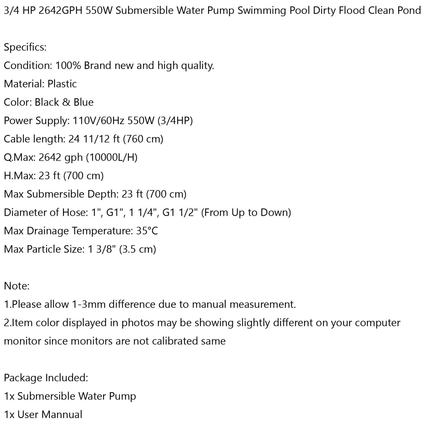 3/4 HP 2642GPH 550W Submersible Water Pump Swimming Pool Dirty Flood Clean Pond