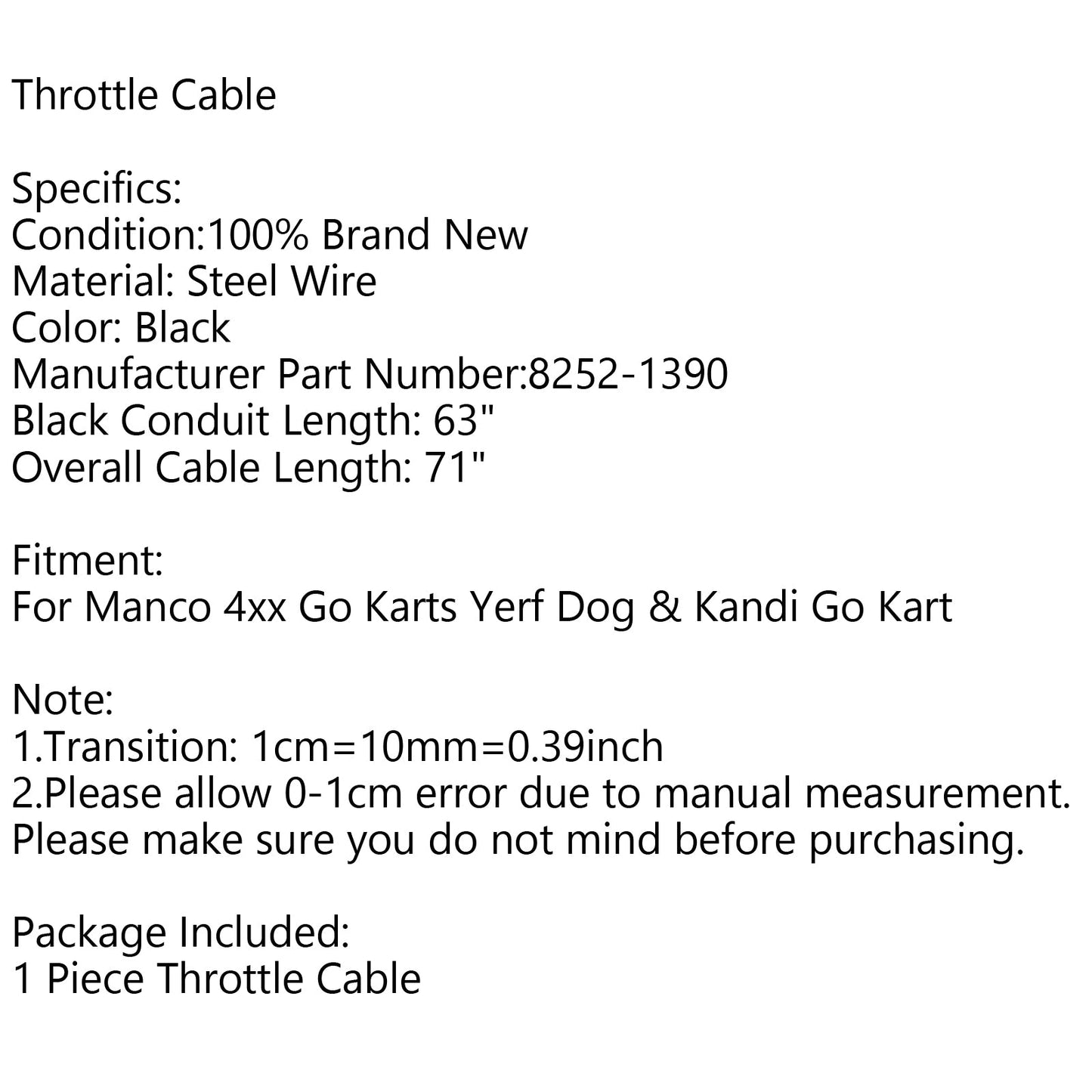 Throttle Cable For 71"/63" Manco 4xx Go Karts Yerf Dog & Kandi Go Kart