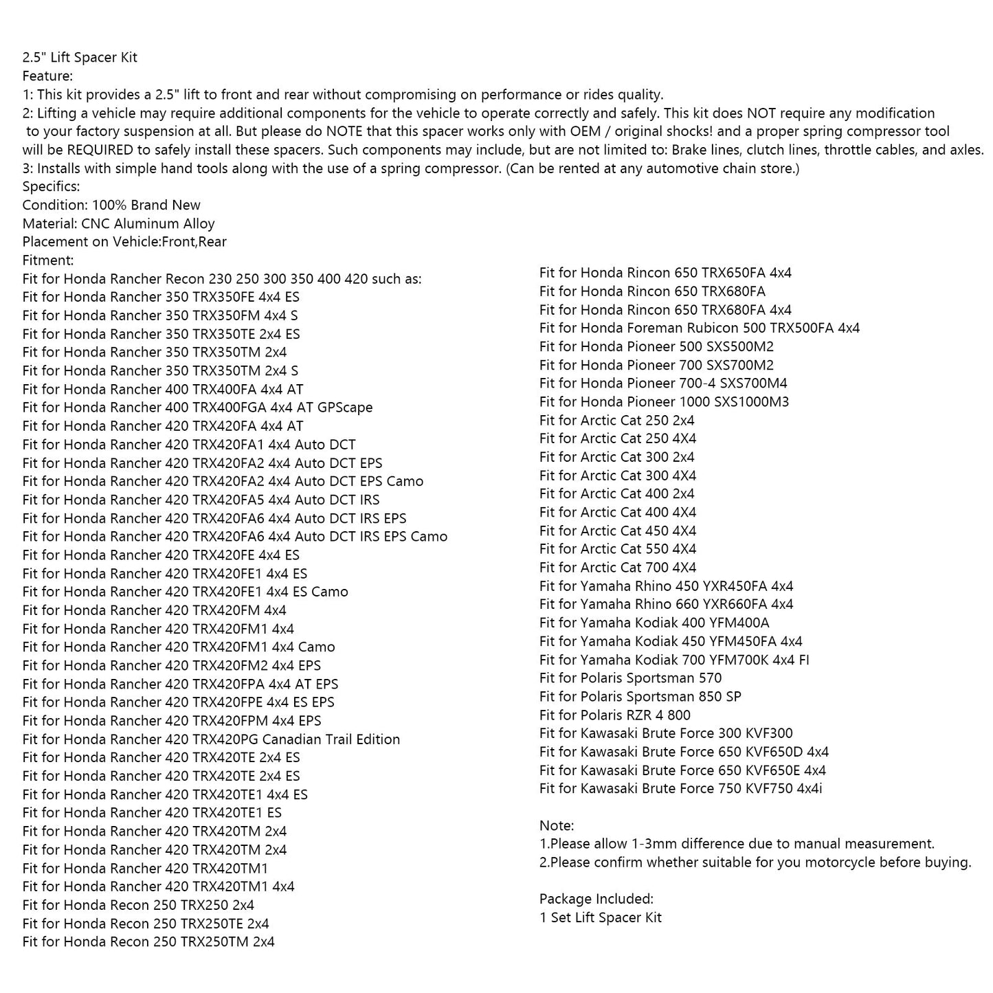 2.5" Lift Spacer Kit For Honda Rancher Recon 230 250 300 350 400 420 BLK