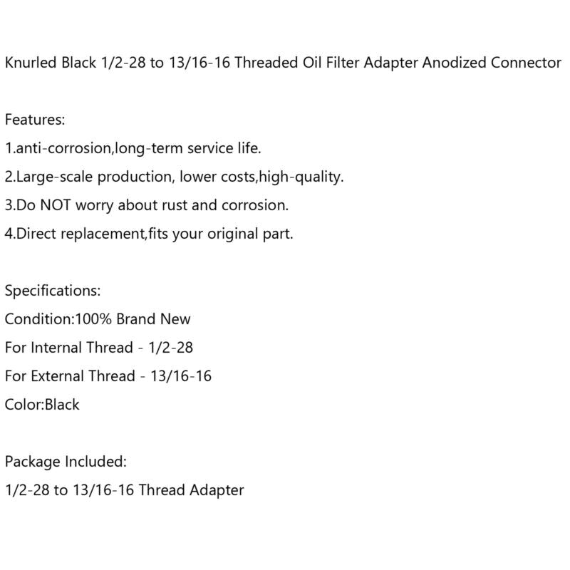 1/2-28 to 13/16-16 Threaded Adapter Black Anodized Alum Automotive Oil Filter Black