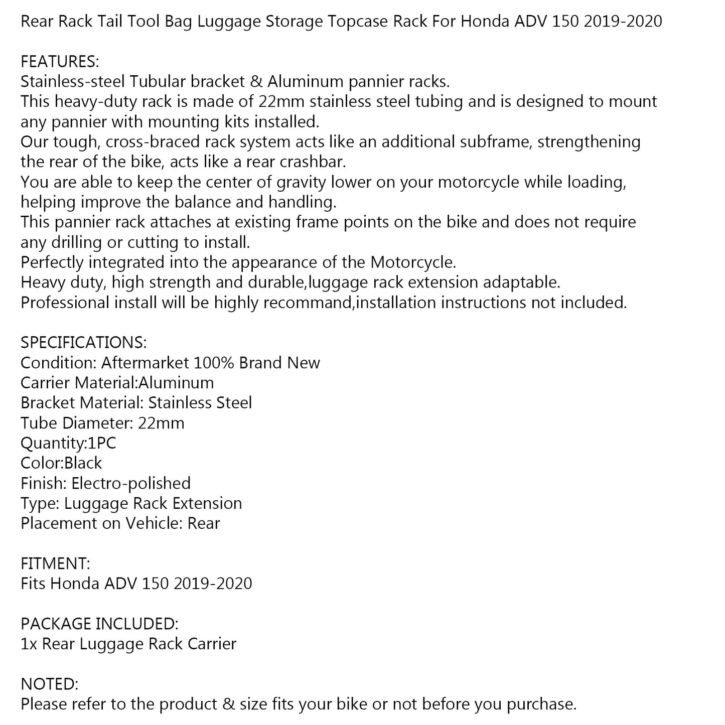 Rear Carrier Luggage Rack Cargo Shelf for Honda ADV 150 ADV150 2019-2021 Black