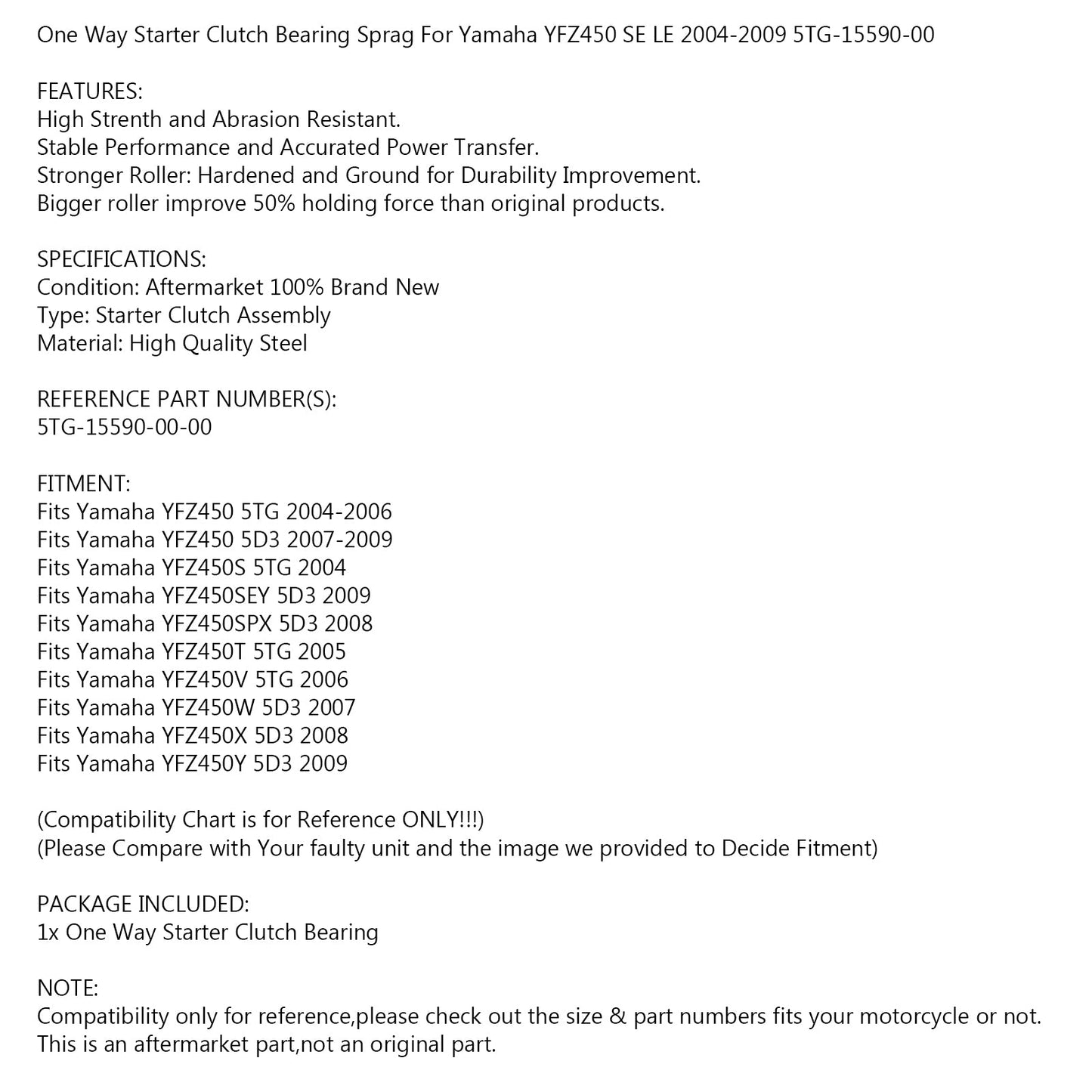 One Way Starter Clutch Bearing Fit for Yamaha YFZ450 SE LE 04-2009 5TG-15590-00