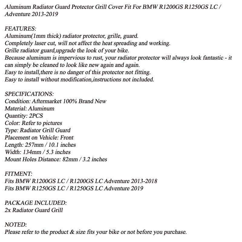 Pair Black Aluminum Radiator Guard for BMW R1200GS LC / Adventure 2013-2019