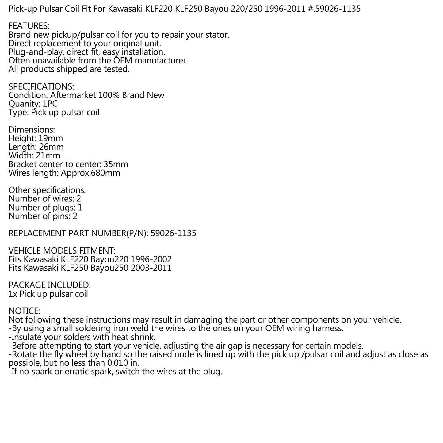 Pulsar / Pulsing Coil For Kawasaki Bayou 220 96-02 Bayou 250 03-11 59026-1135