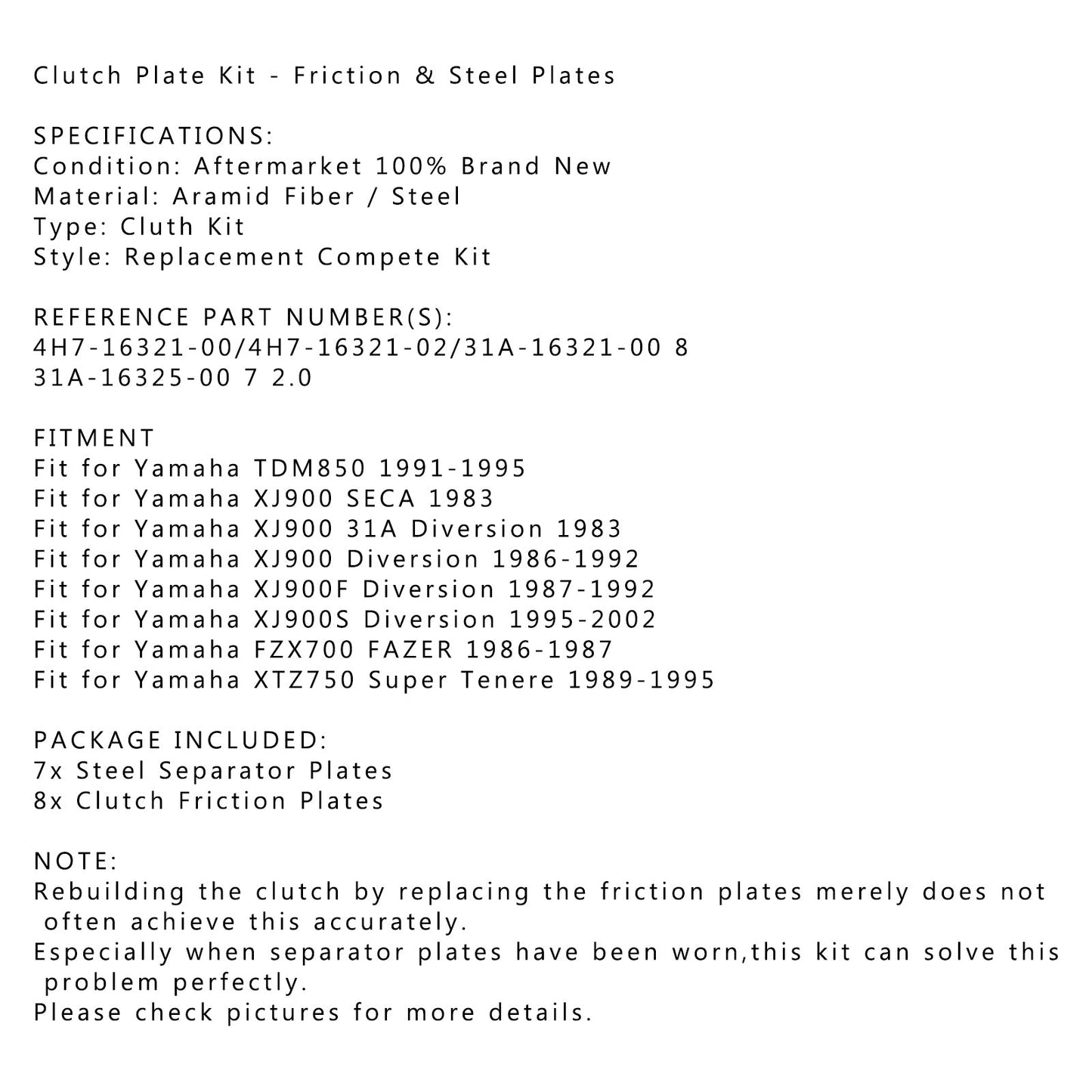 Clutch Plate Kit - Friction & Steel Plates For Yamaha TDM850 XJ900/F/S FZX700 FAZER XTZ750 Super Tenere