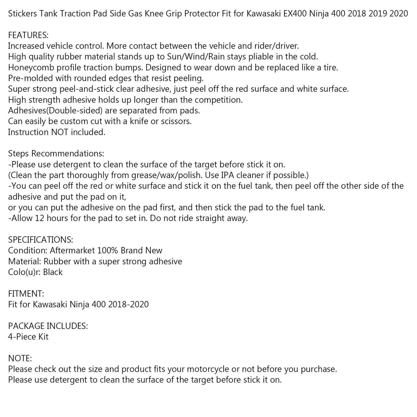 4x Side Tank Traction Grips Pads Fit for Kawasaki EX400 Ninja 400 2018-2020