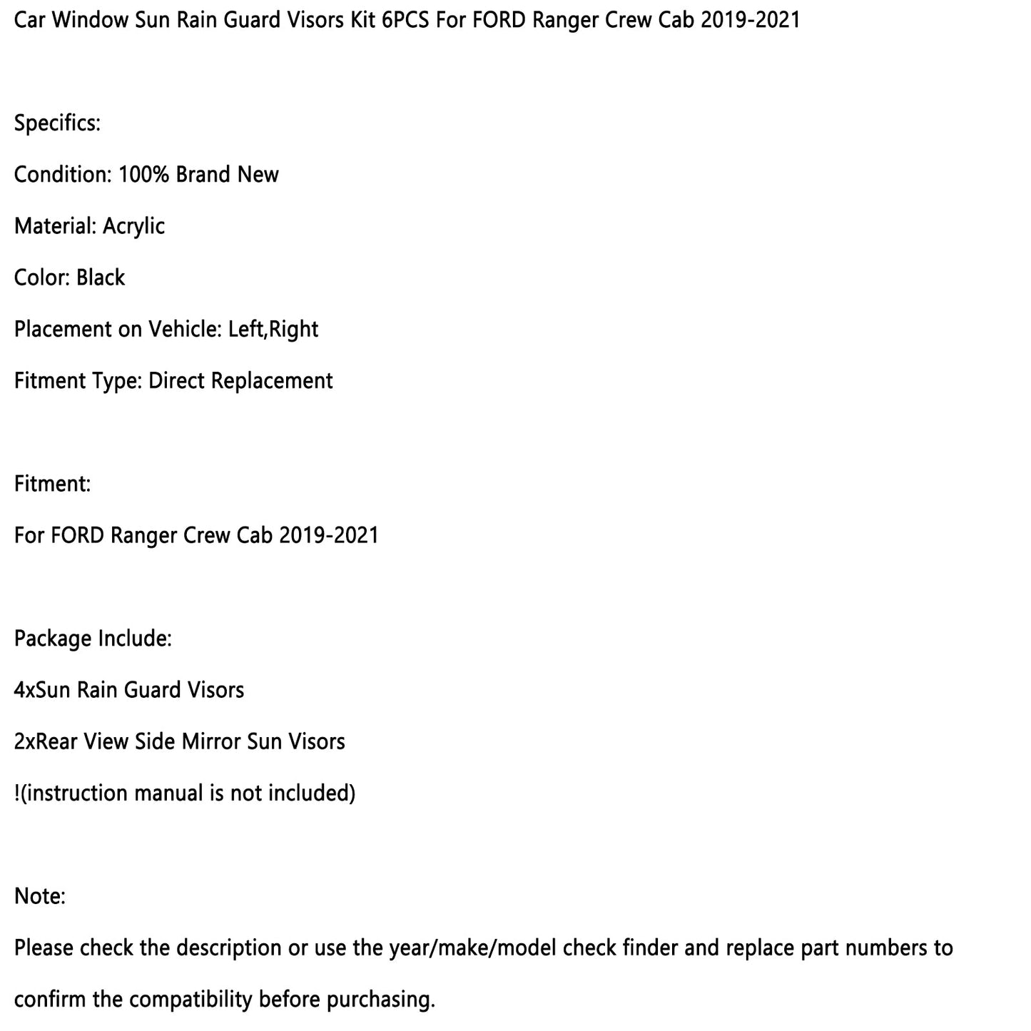 Car Window Sun Rain Guard Visors Kit 6PCS For FORD Ranger Crew Cab 2019-2021