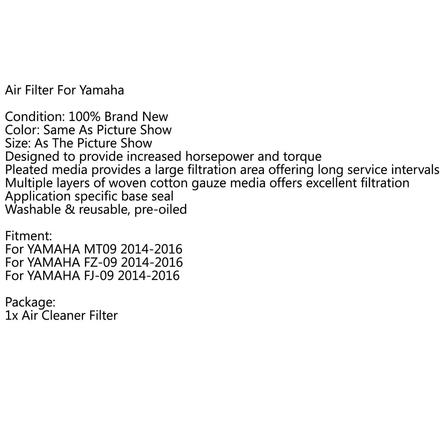 High Flow Replacement Air Filter Fit 2014-2016 Yamaha MT 09 FJ-09 FZ-09 847
