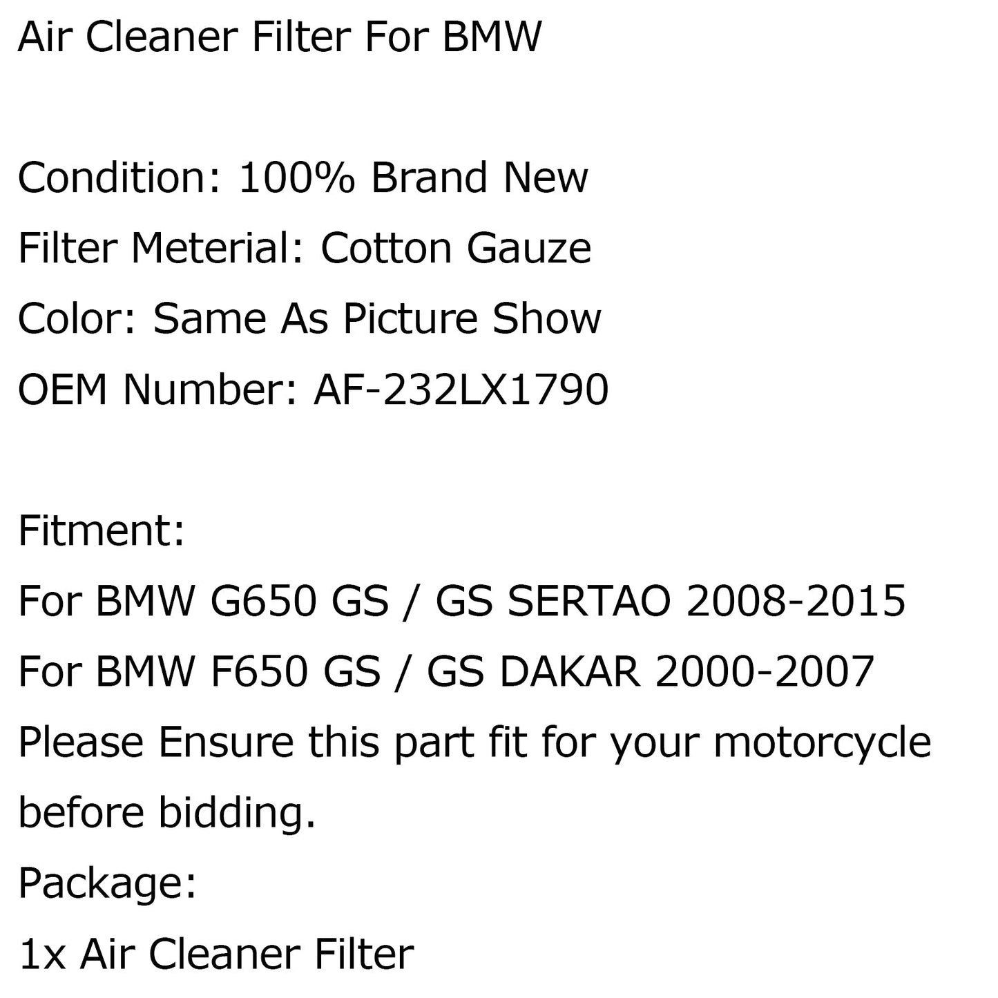 Air Filter Cleaner Element For BMW G650 GS / GS SERTAO 08-15 DAKAR 2000-2007