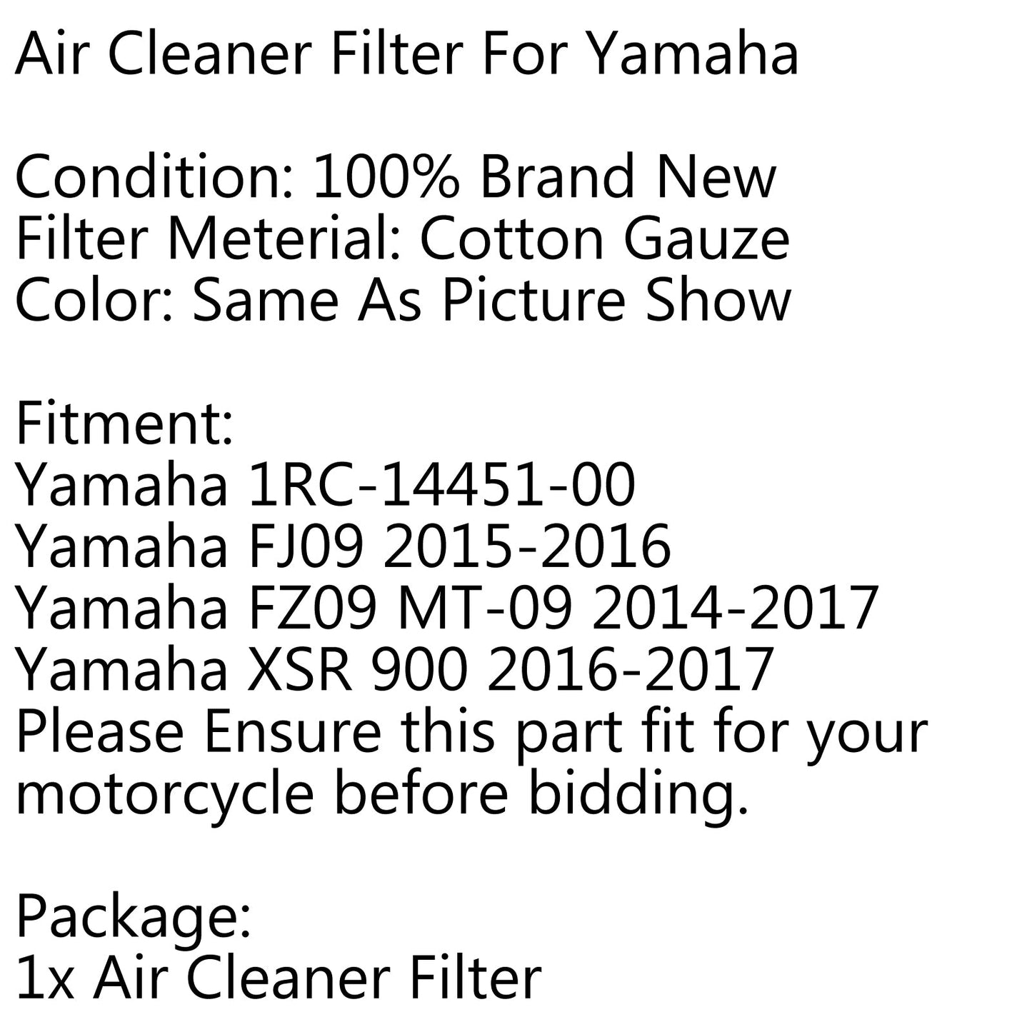 Air Filter Cleaner Element For Yamaha XSR 900 FZ09 MT-09 2014-2017