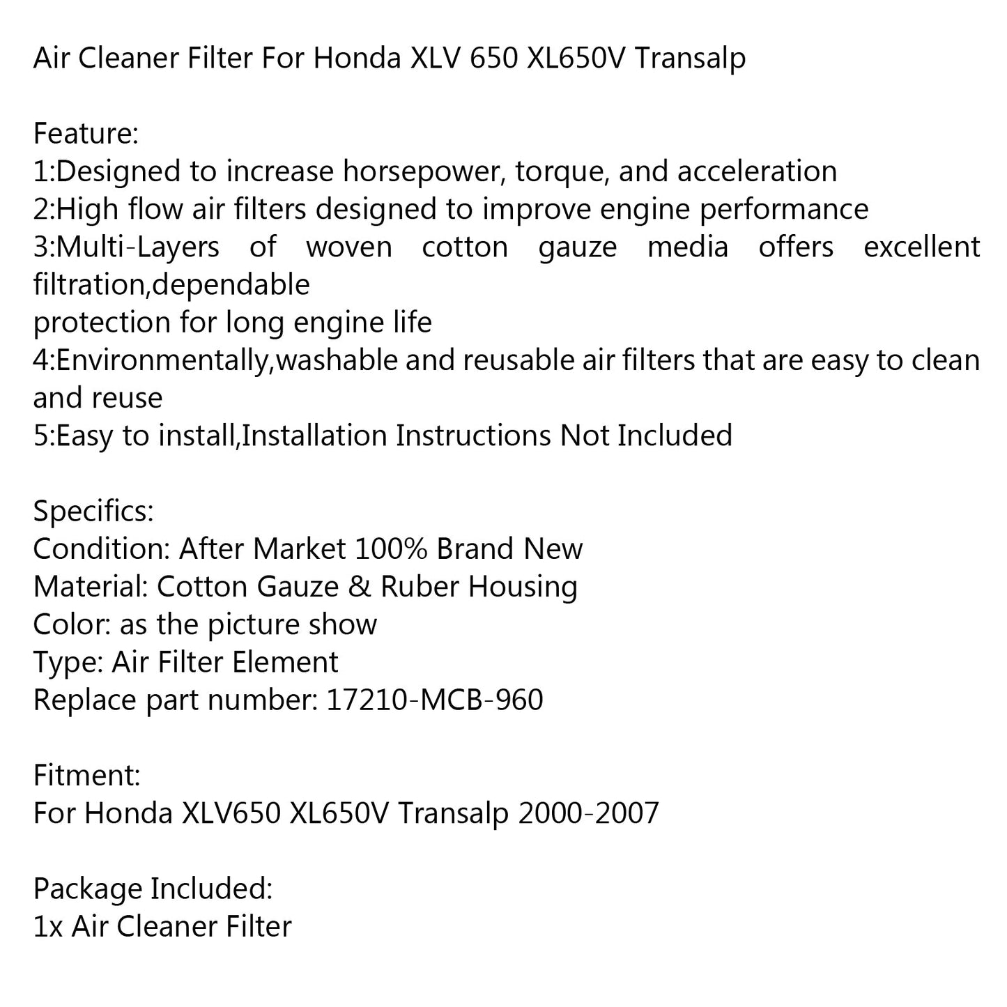 High Flow Air Filter Air Cleaner For Honda XLV 650 XL650V Transalp 2000-2007