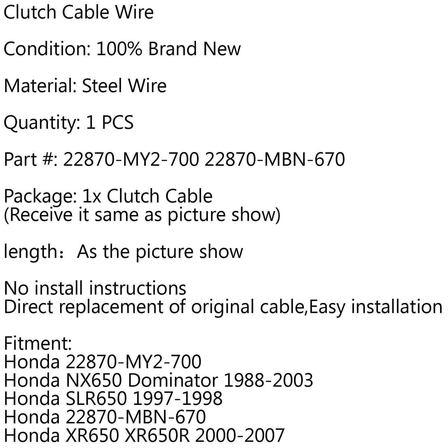 Clutch Cable Replacement For Honda NX650 Dominator 1988-2003 SLR650 XR650 XR650R