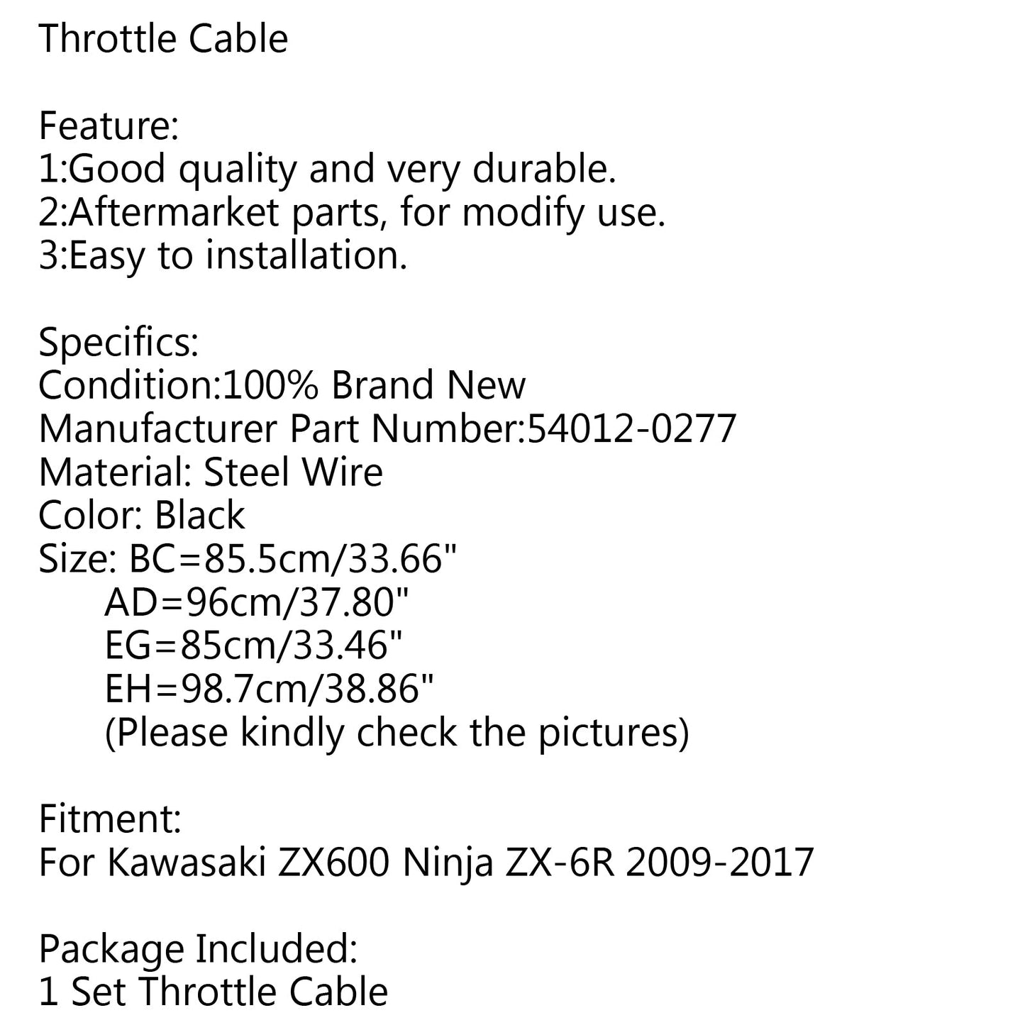54012-0277 Throttle Cable Wire Line For Kawasaki ZX600 Ninja ZX-6R 2009-2017