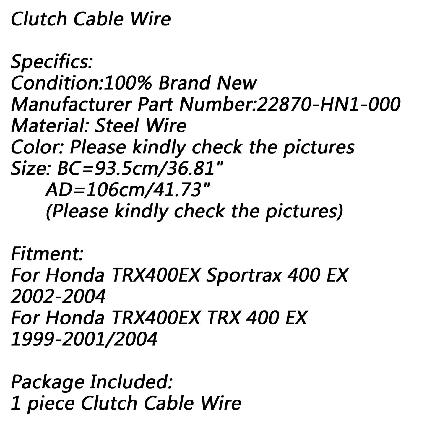 Black Clutch Cable Wire For Honda TRX400EX Sportrax 400 EX 22870-HN1-000