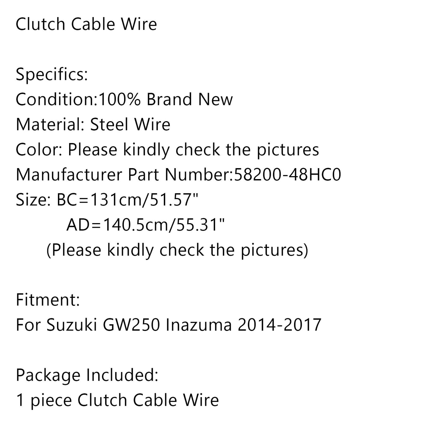Clutch Cable Wire Line Replacement 58200-48HC0 for Suzuki GW250 Inazuma 2014-17